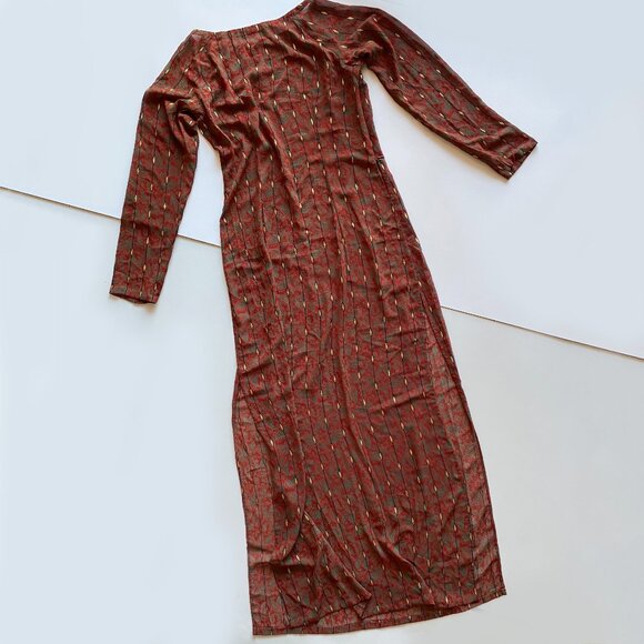 Vintage 90s Silk Maxi Dress Long Sleeve Rust Red Paisley Print Boho Retro Size S - Picture 5 of 7